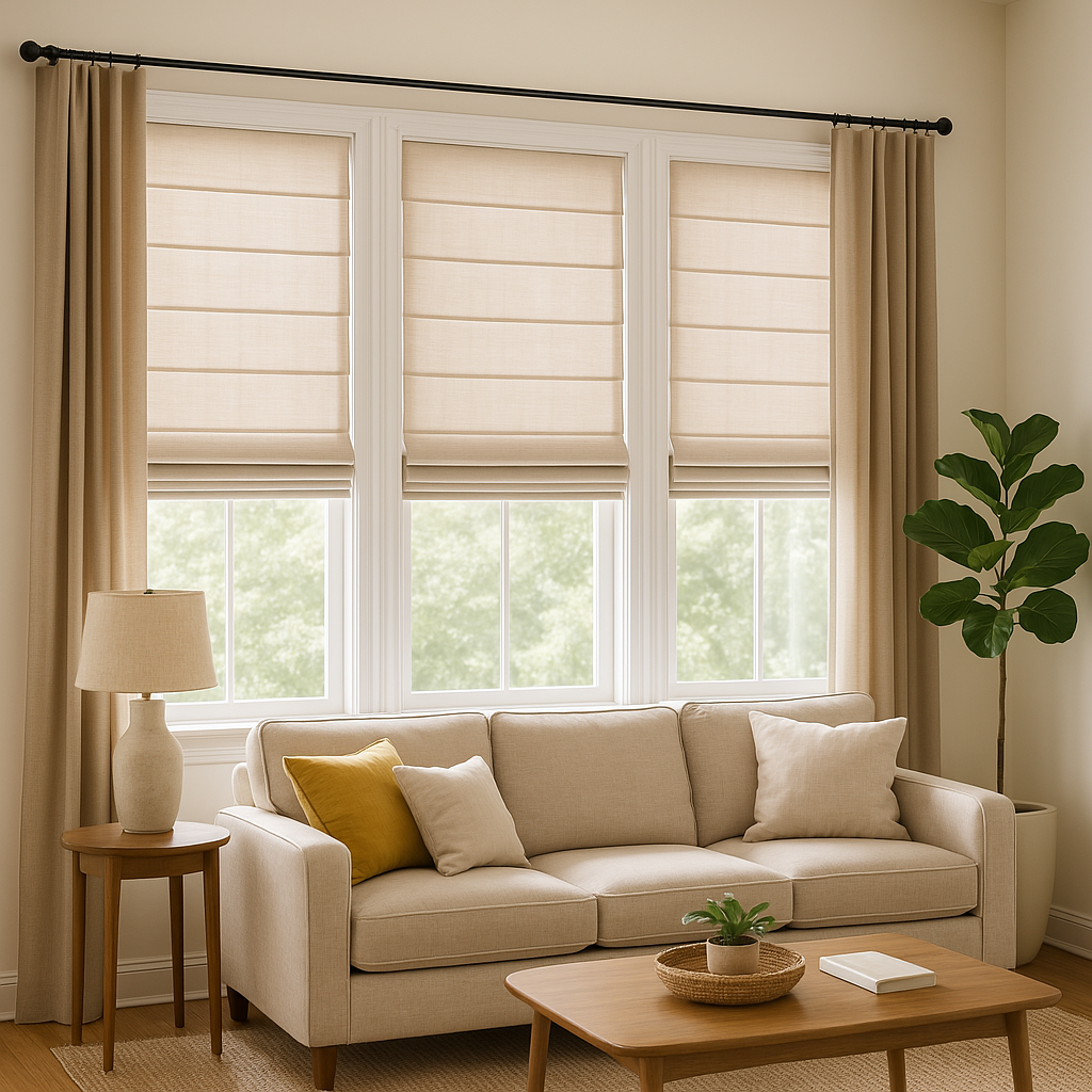 A warm, minimalistic living room with elegant window shades and curtains that fit the beige aesthetic.